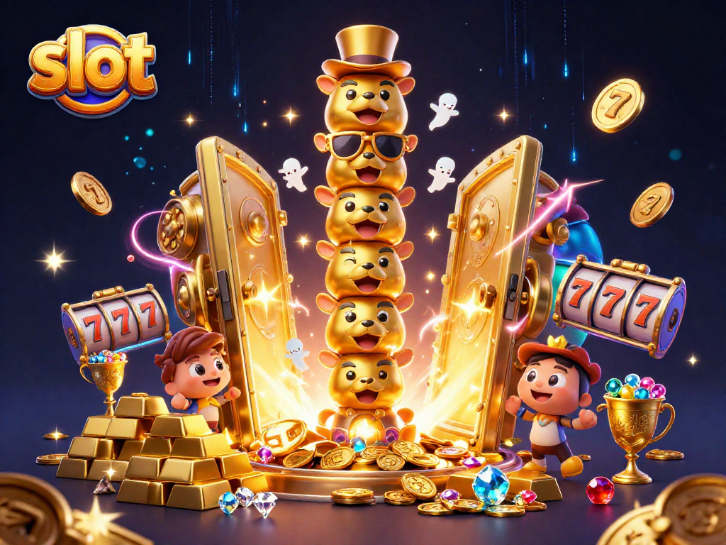 Spin the vibrant slot reels in this colorful casino scene filled with golden treasures.
