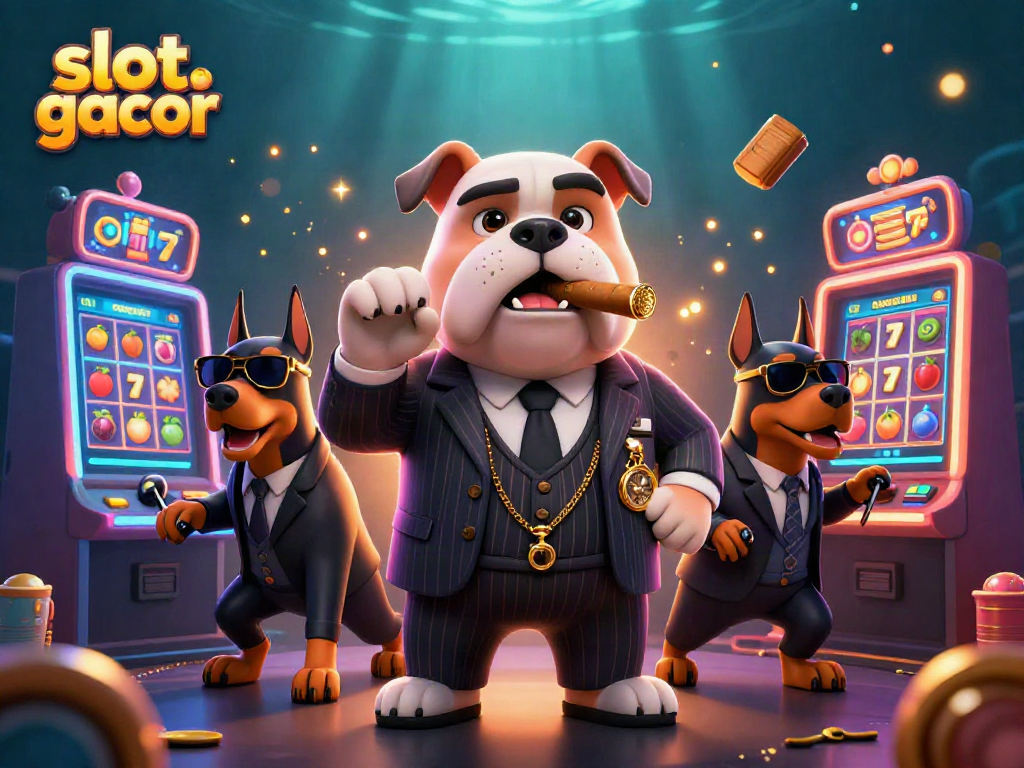 slot gacor memicu jackpot besar dengan bulldog mafia dan penunjuk dua Doberman di mesin slot 3D