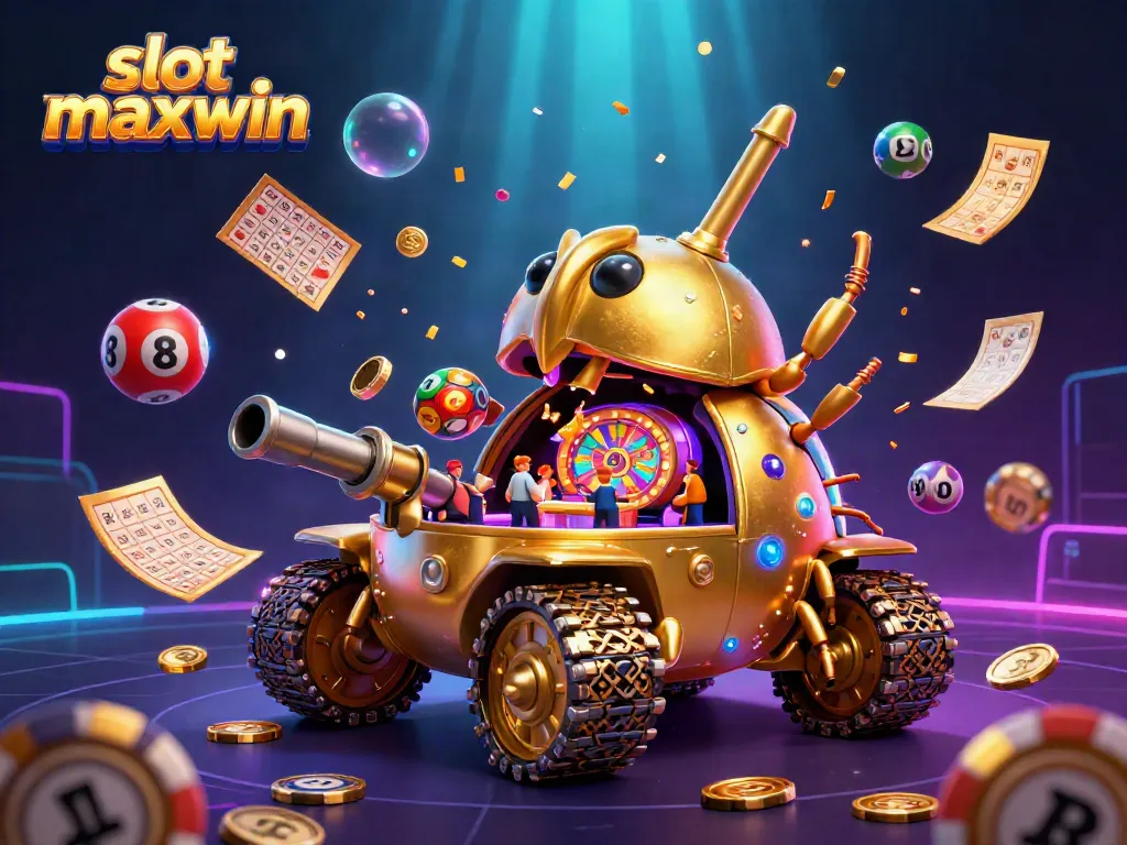 Experience the excitement of slot maxwin with vibrant game elements and a massive golden beetle tank casino bursting with action.