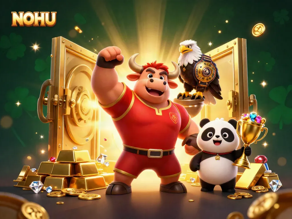 NOHU showcases a victorious gaming spirit with a bull mascot, an eagle, and a panda amidst riches and excitement.