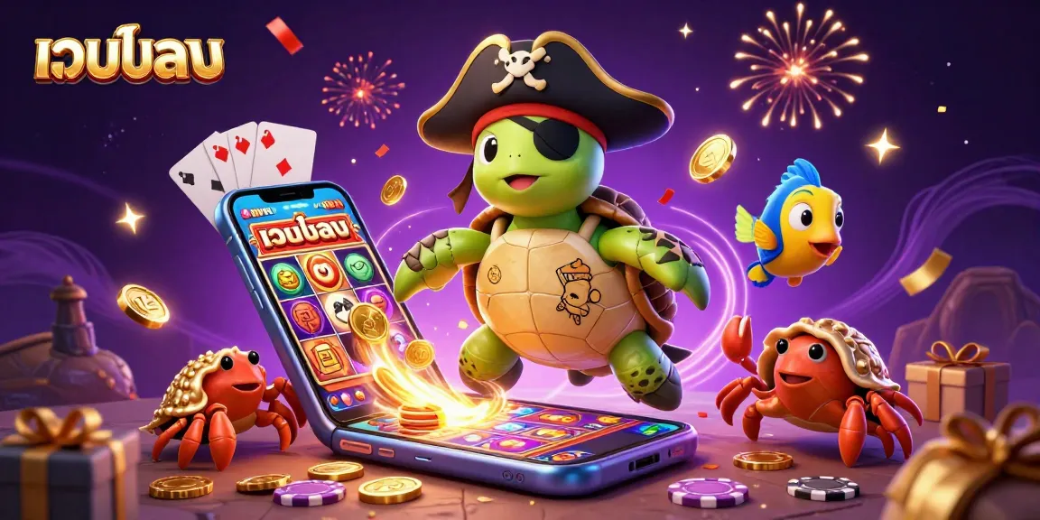Engage with เว็บบอล in vibrant 3D scene showcasing pirate turtle, hermit crab, and gaming elements.