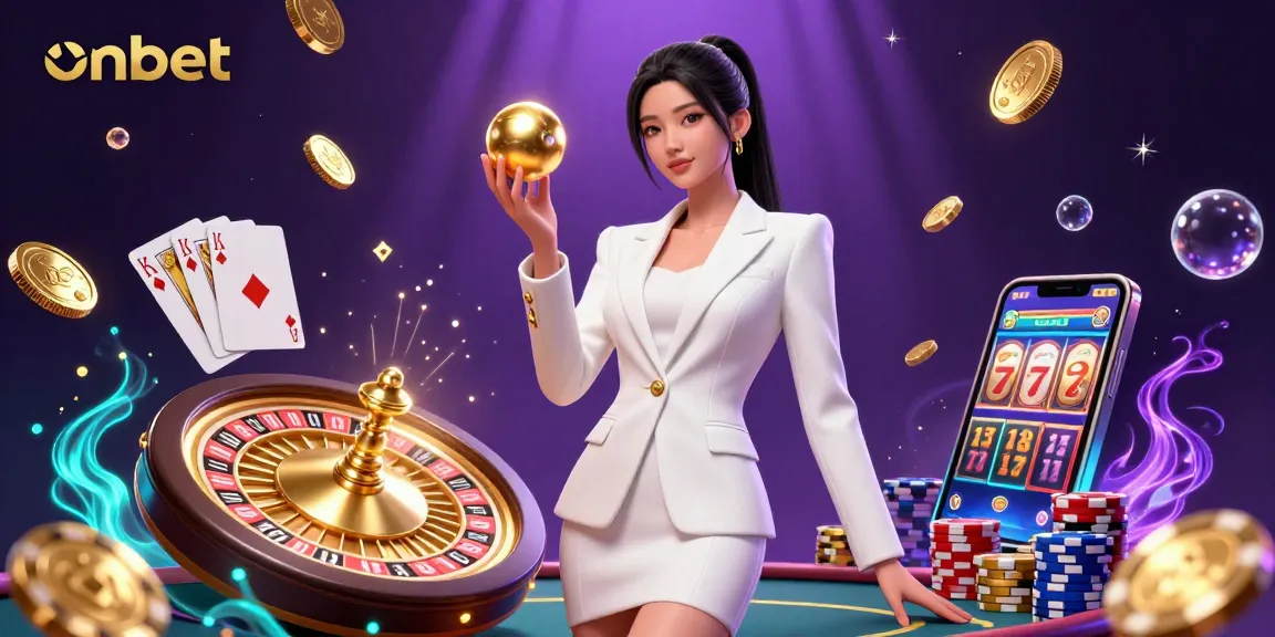Experience thrilling gaming at onbet with a glamorous Asian woman holding a roulette ball amid vibrant casino elements.