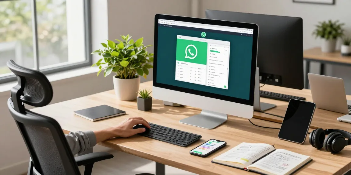 Using WhatsApp電腦版 at a modern workspace with vibrant tech elements.