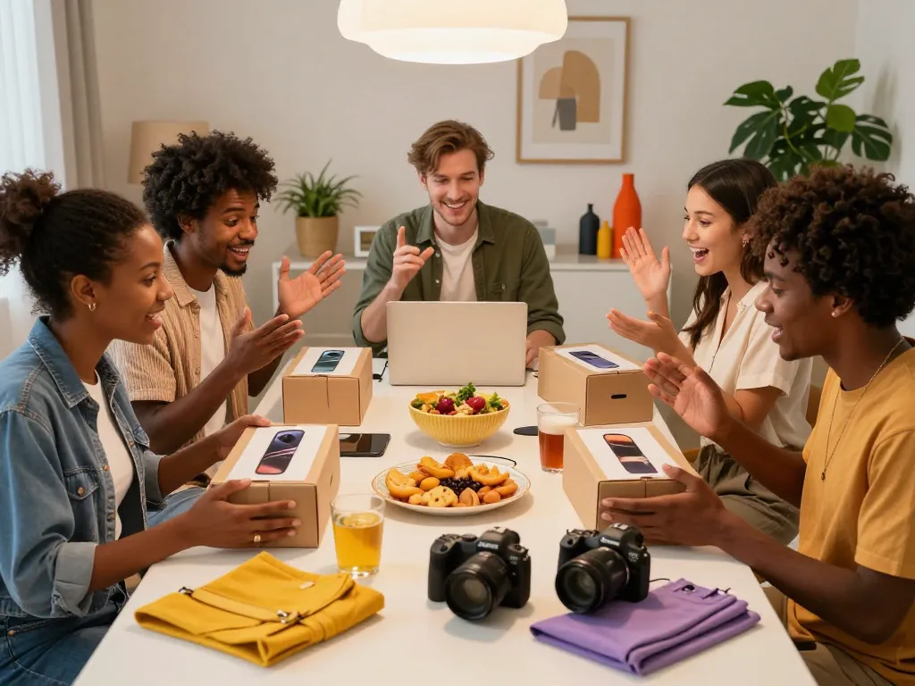 Excited friends unboxing new products from https://hubet88.icu/ at a stylish table, showcasing trendy lifestyle items.