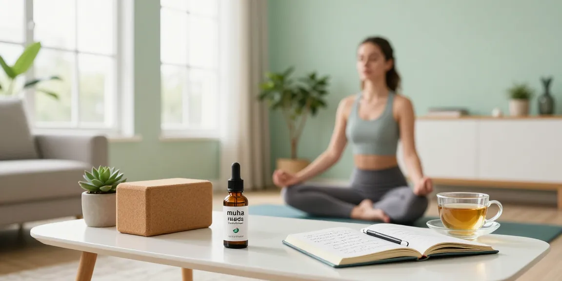 Muha meds disposable enhancing wellness routine with CBD oil during yoga session, featuring organic elements.