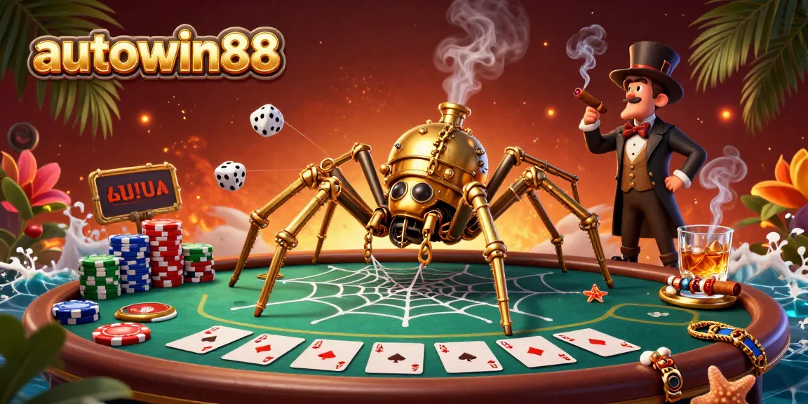 Engage with autowin88's immersive casino experience featuring a golden spider entwined in poker elements.