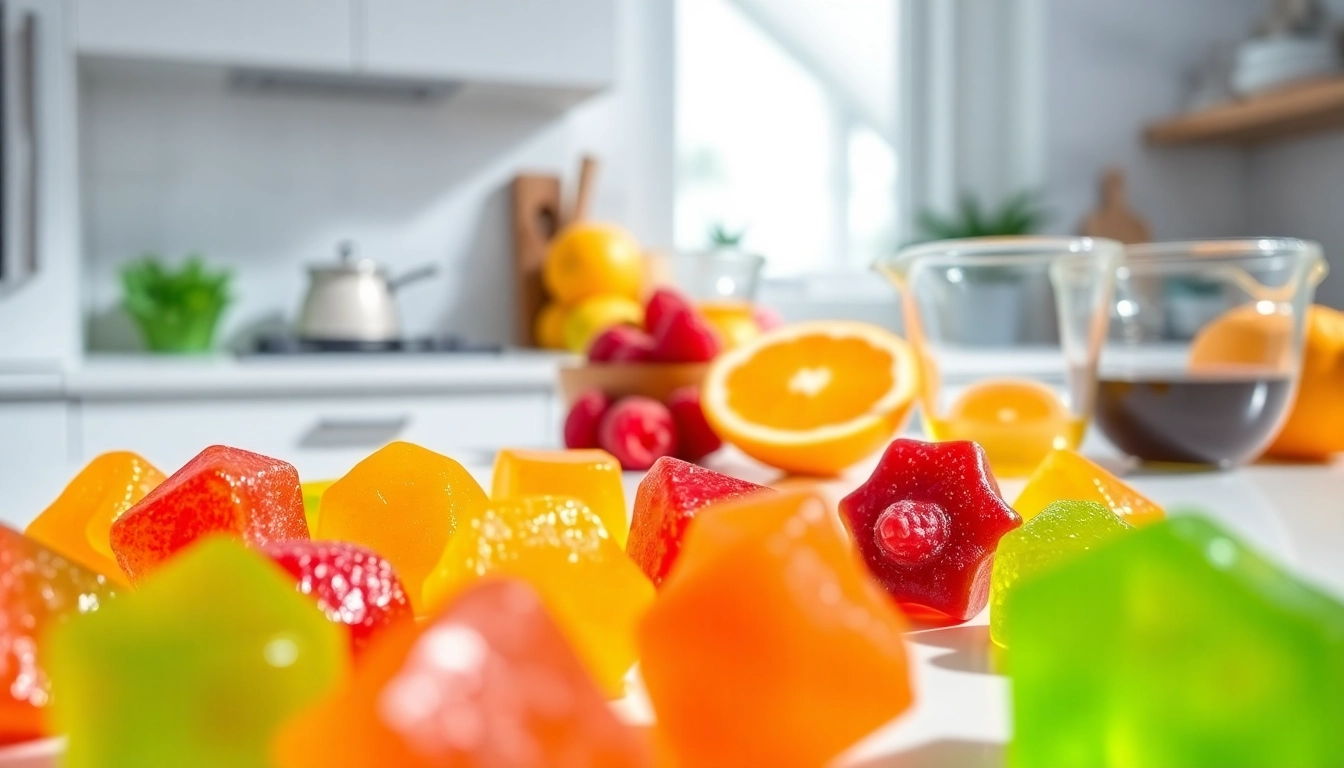 Colorful Weed Gummies arranged on a countertop with fresh fruit, highlighting their delicious texture.