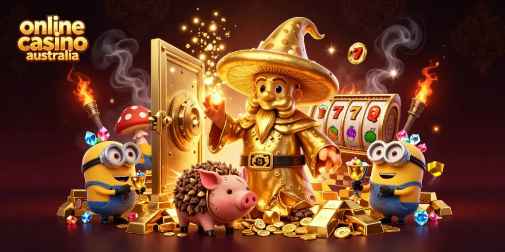 Spin the reels and discover treasures in this vibrant online casino australia 3D illustration featuring various symbols.