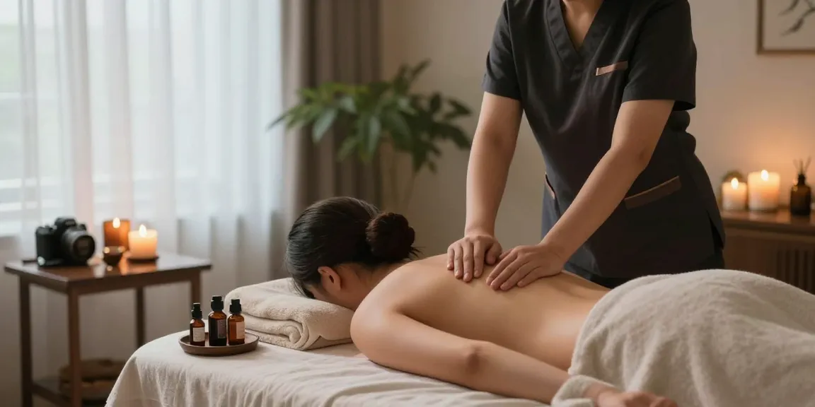 Relaxing 구로마사지 session in a tranquil spa setting with candles and soothing oils.