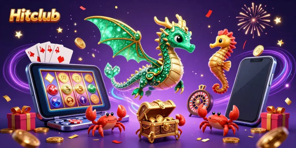 Hitclub showcases a vibrant slot gaming experience with an emerald sea dragon and casino elements in a 3D illustration.