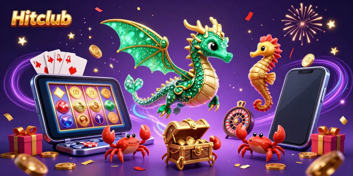 Hitclub showcases a vibrant slot gaming experience with an emerald sea dragon and casino elements in a 3D illustration.