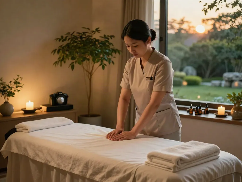 부평출장마사지 in a serene spa setting with a professional therapist ready for a relaxing session.