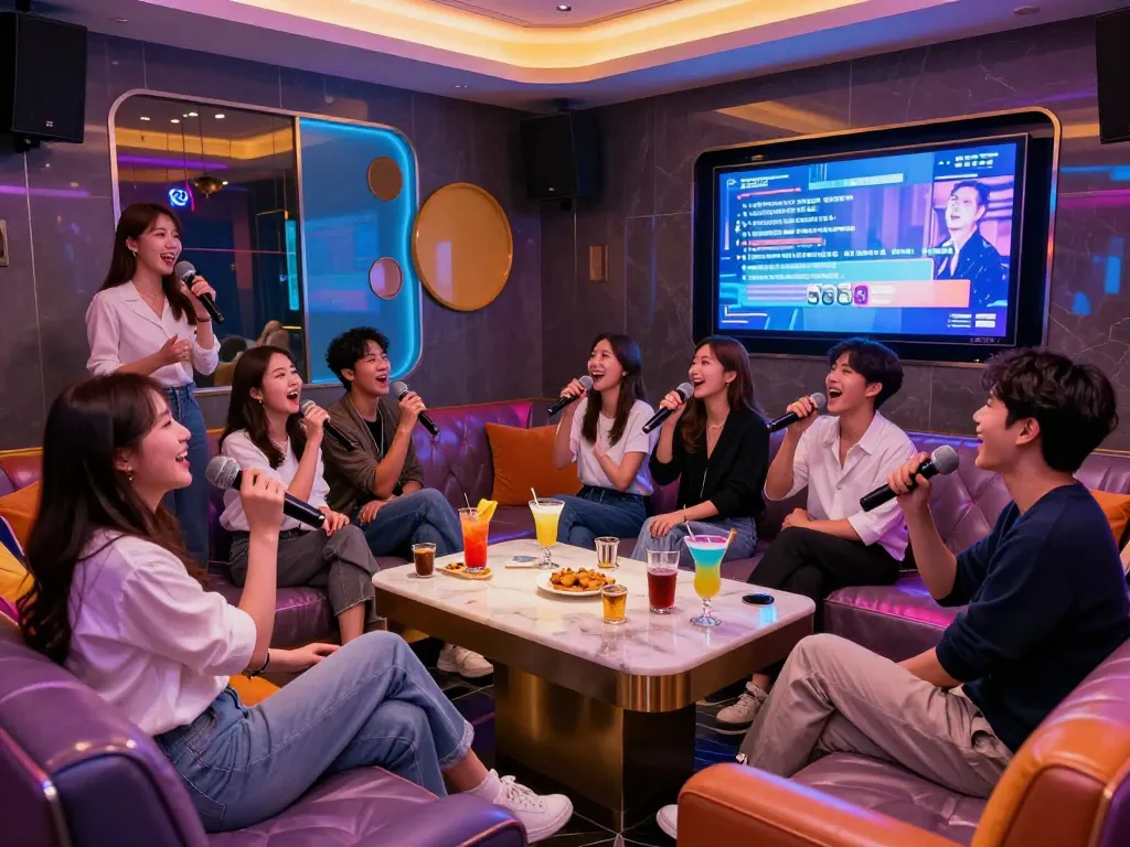 Incheon nightlife experience at www.3no.org, showcasing a vibrant karaoke lounge scene with friends enjoying drinks and singing together.