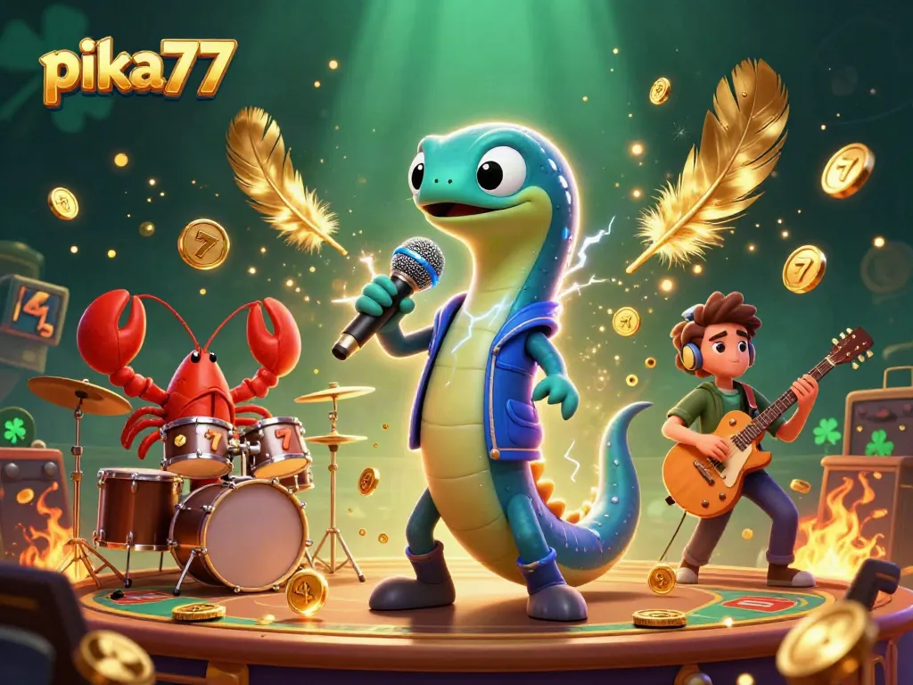 Experience excitement at PIKA77 with an illustrated casino scene featuring a lively underwater performance.