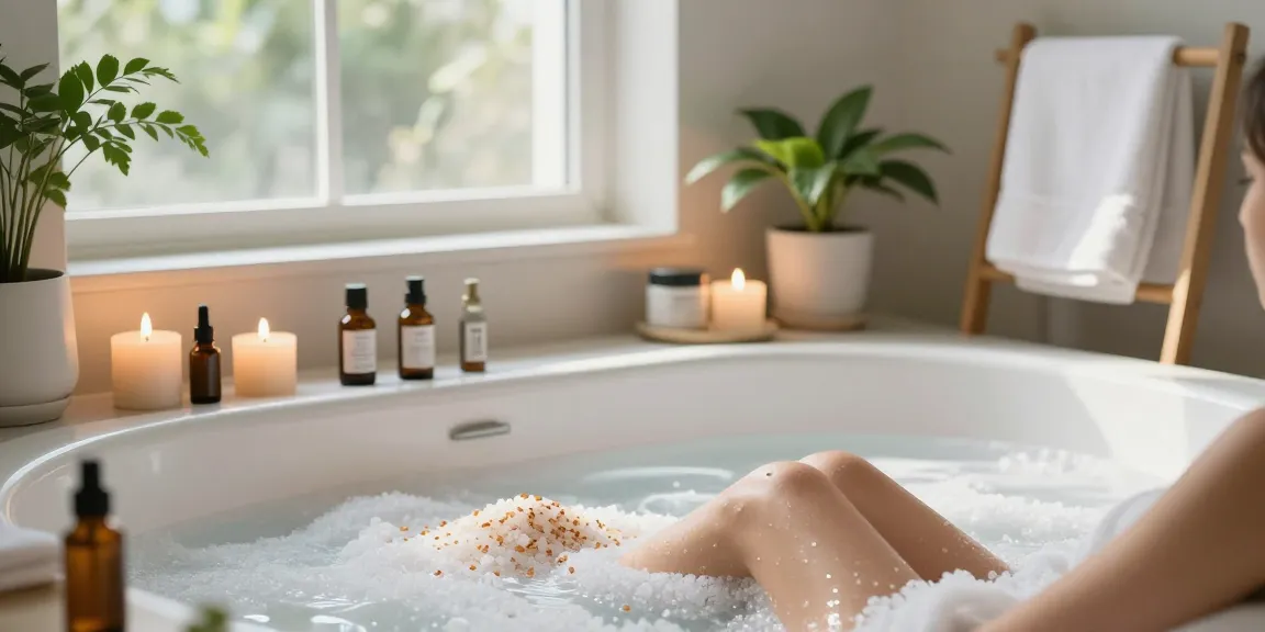 Imagen de un baño spa con productos de CBD de calidad para crear una rutina de bienestar natural y promover la creación de contenido de marketing.