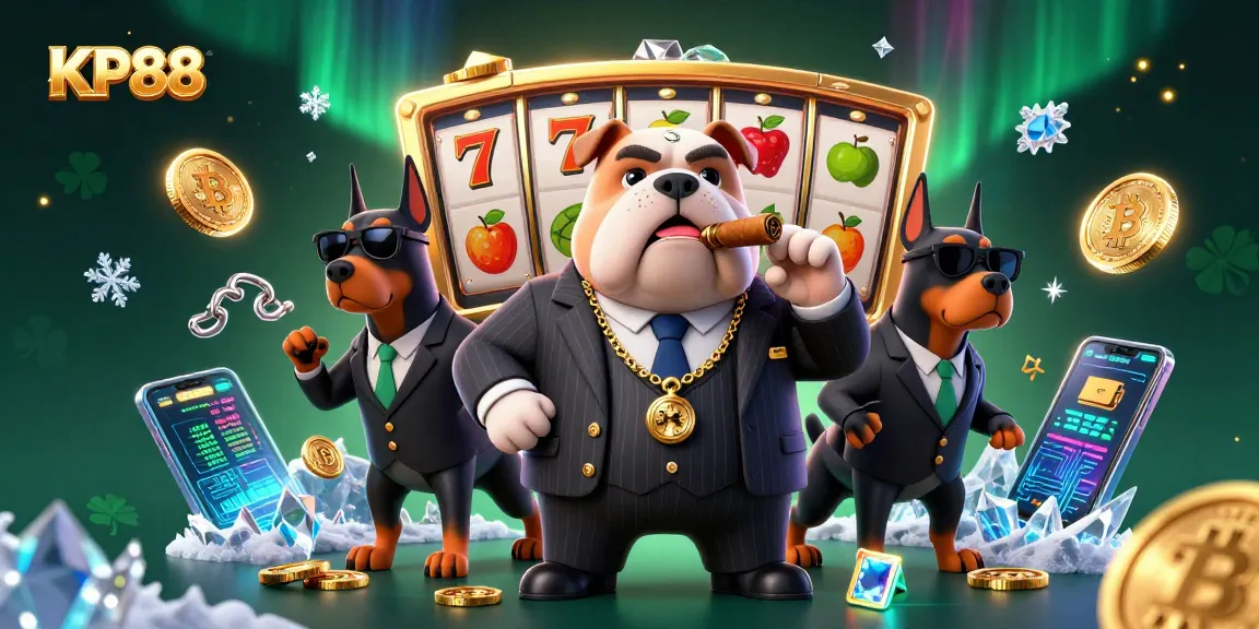 KP88 showcases a vibrant cartoon mafia scene with slot reels and crypto elements, perfect for engaging gamblers.