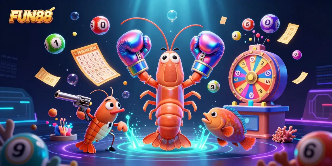 Experience exciting FUN88 lottery action with vibrant characters and dynamic elements in this 3D illustration.