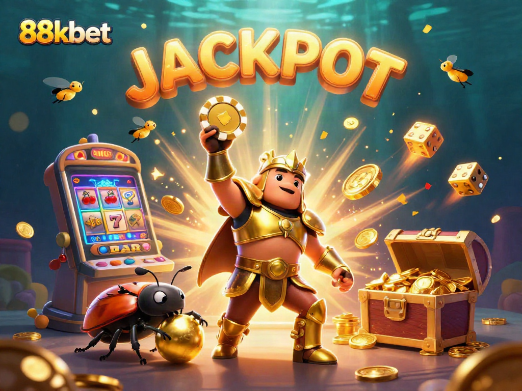 88kbet characters celebrate a jackpot with vibrant elements and casino games in this detailed illustration.