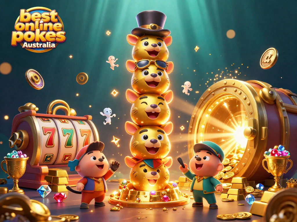 Experience the best online pokies Australia with vibrant, playful 3D casino elements featuring gold treasures.