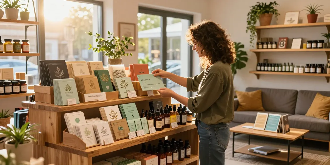CBD Geschenkgutschein in einem liebevoll dekorierten Geschenkshop, umgeben von CBD-Produkten und warmem Licht.