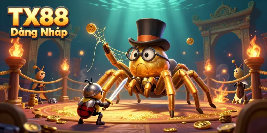 Engage in thrilling gaming with TX88 Đăng Nhập as a golden tarantula and beetle knight dance among casino elements.