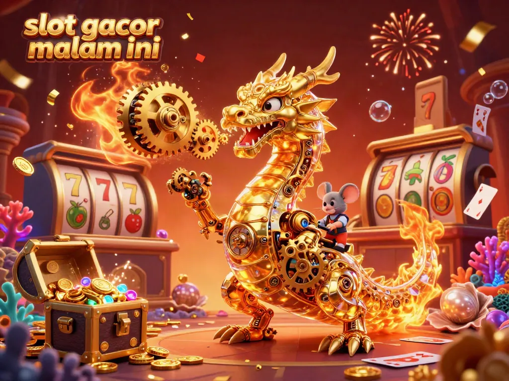 Deskripsi slot gacor malam ini dengan naga emas dan elemen permainan kasino yang kaya.