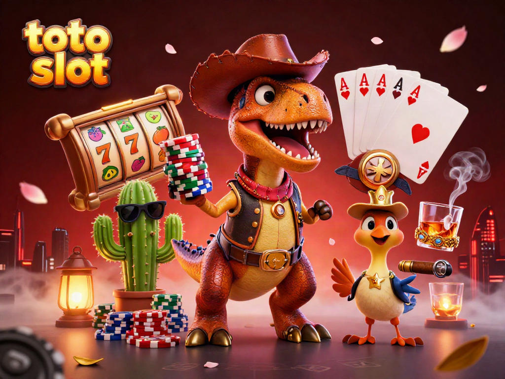 Engage with the thrilling toto slot experience, featuring a T-Rex cowboy and vibrant casino elements.