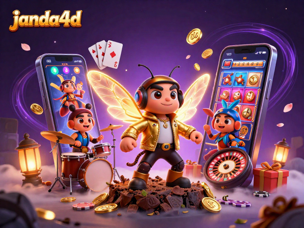 Janda4d mempersembahkan cicada rock star dalam ilustrasi 3D penuh warna di tengah permainan slot digital.