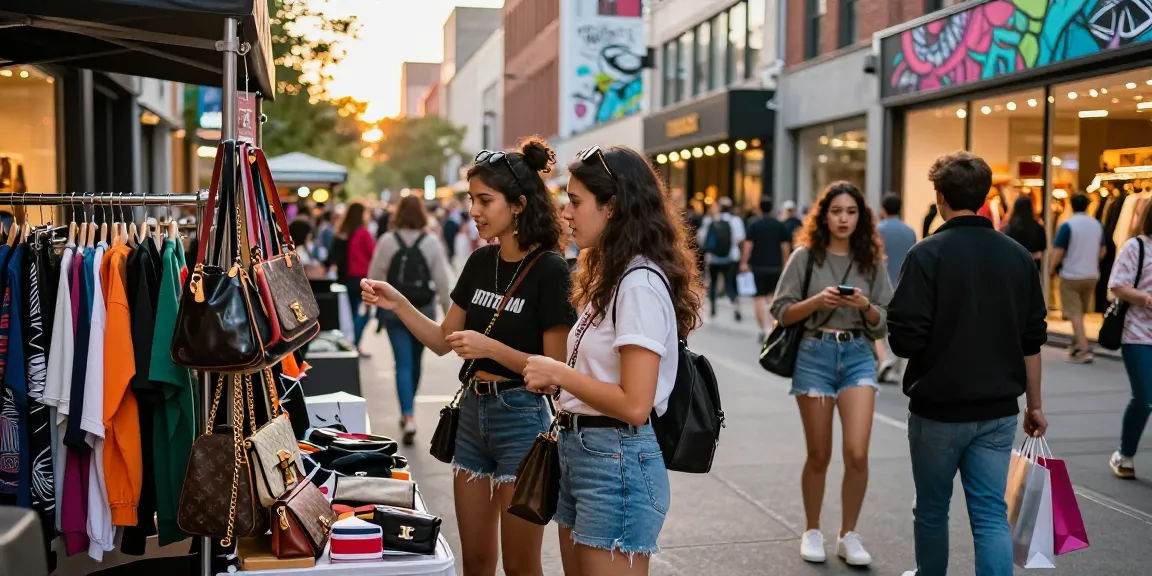 Young woman exploring a 레플리카 사이트 shopping experience in an urban fashion scene, vibrant atmosphere with stylish outfits and colorful storefronts.