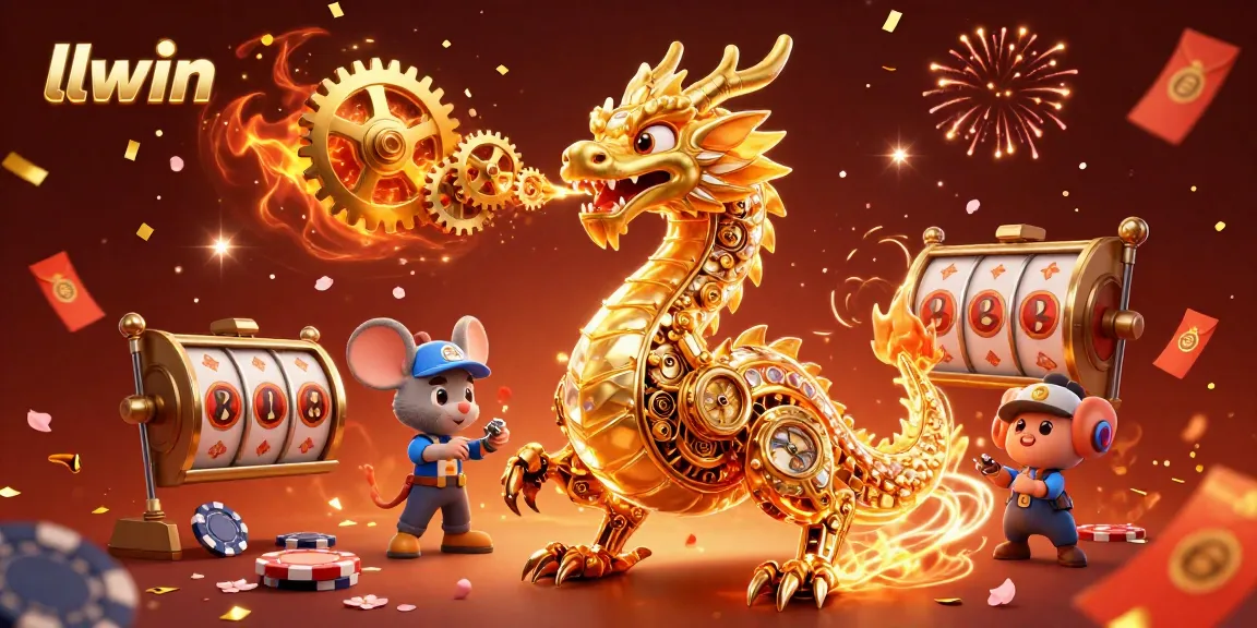 Experience the thrill of llwin's gaming with vibrant 3D casino elements and a golden dragon.
