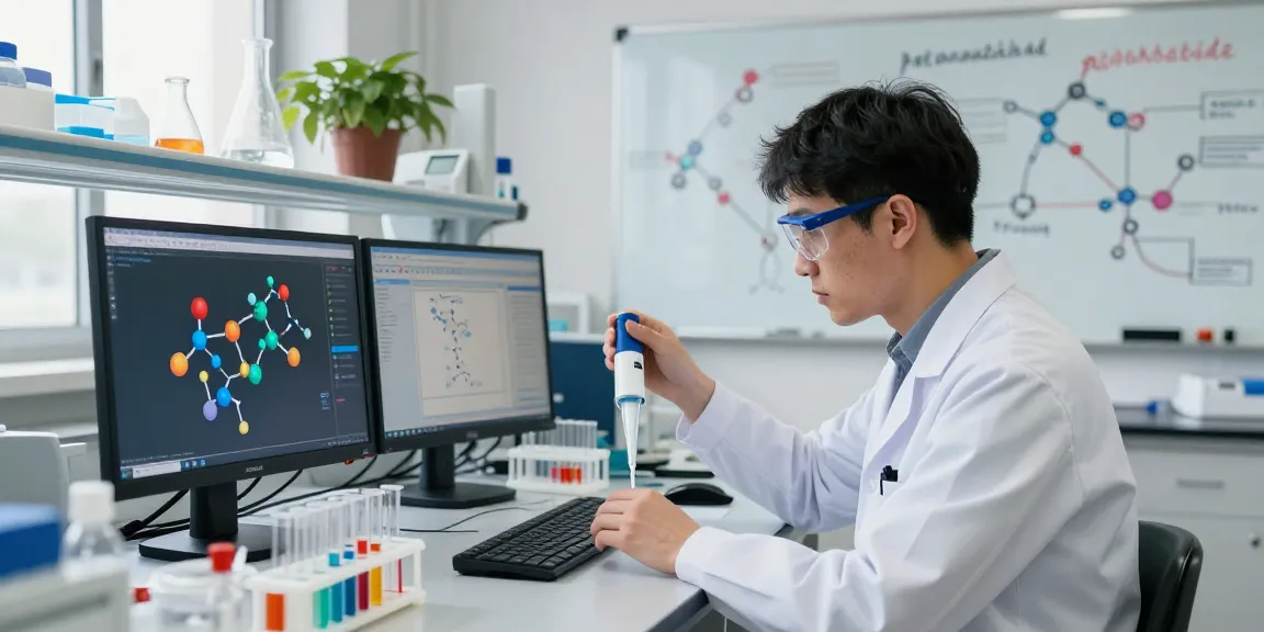 retatrutide peptide research scene in a lab with scientist analyzing molecular structures