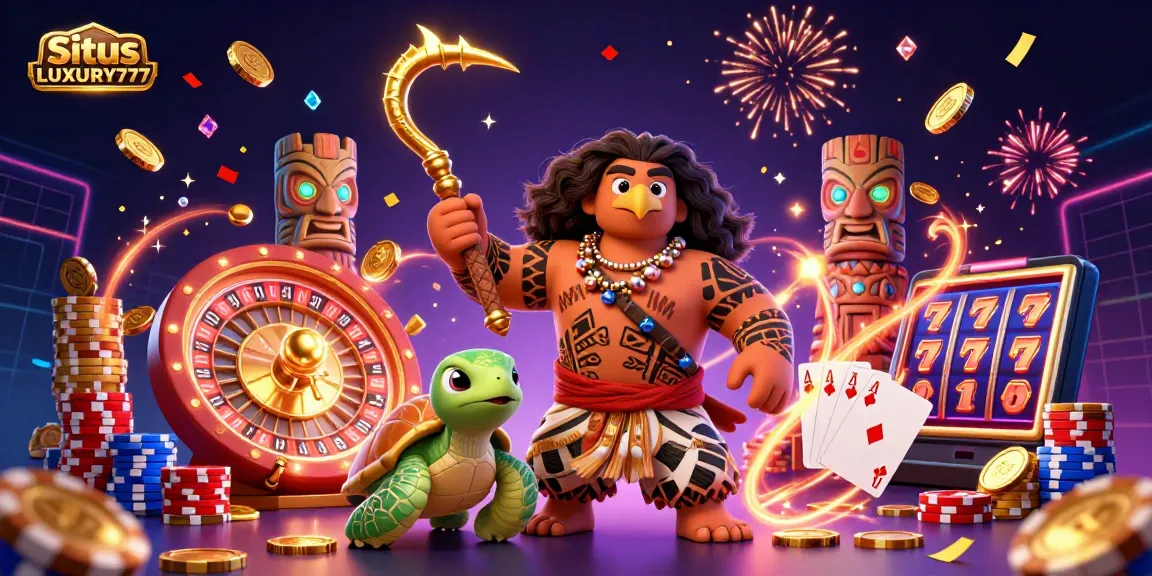 Situs LUXURY777 menampilkan ilustrasi 3D kasino dengan dewa hawk Maui, koin emas, dan roda roulette