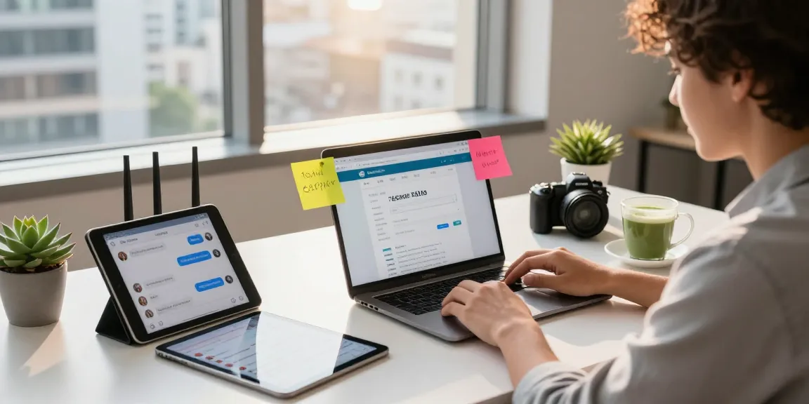 Modern workspace featuring telegram官网 on laptop, vibrant atmosphere with creative elements and productivity props.