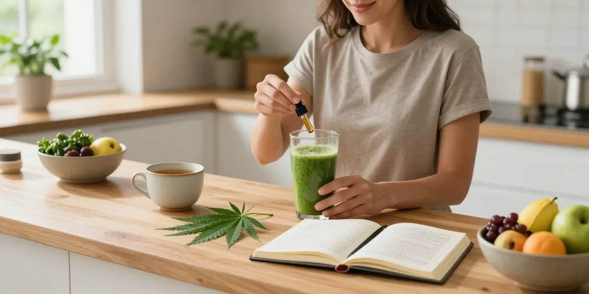 Properloud CBD oil and hemp wellness routine in bright kitchen.