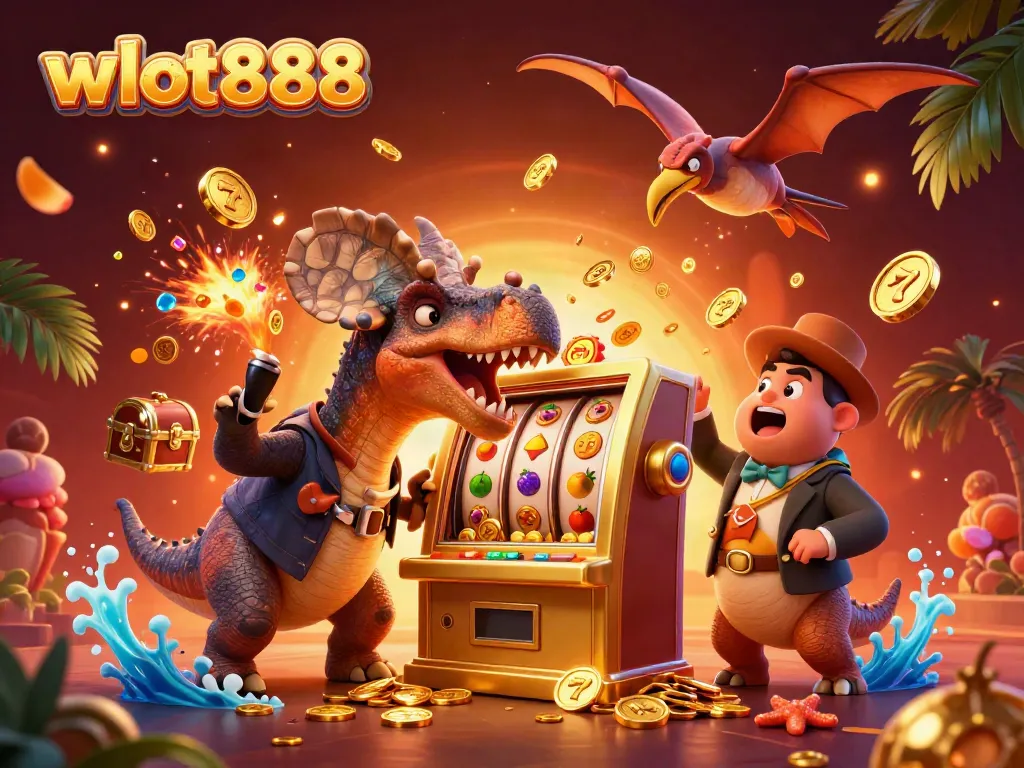 Gambaran neraka wslot888 dengan dinosaurus dan mesin slot yang memukau di kasino.