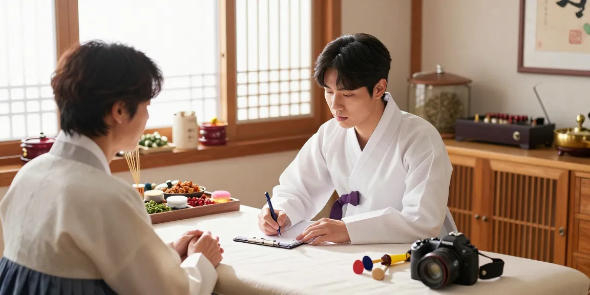 Consultation at 수원한의원 with a practitioner and patient in a serene, healing environment filled with herbal remedies.