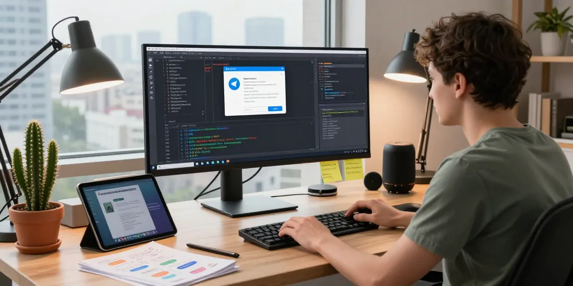 Developer coding on Telegram interface with tech gadgets in a modern workspace.