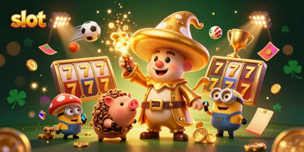 Spin the slot reels with magic and treasure in this vibrant 3D illustration.