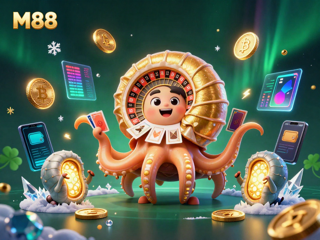Engage with the dynamic M88 casino experience featuring a colorful nautilus roulette and crypto elements.