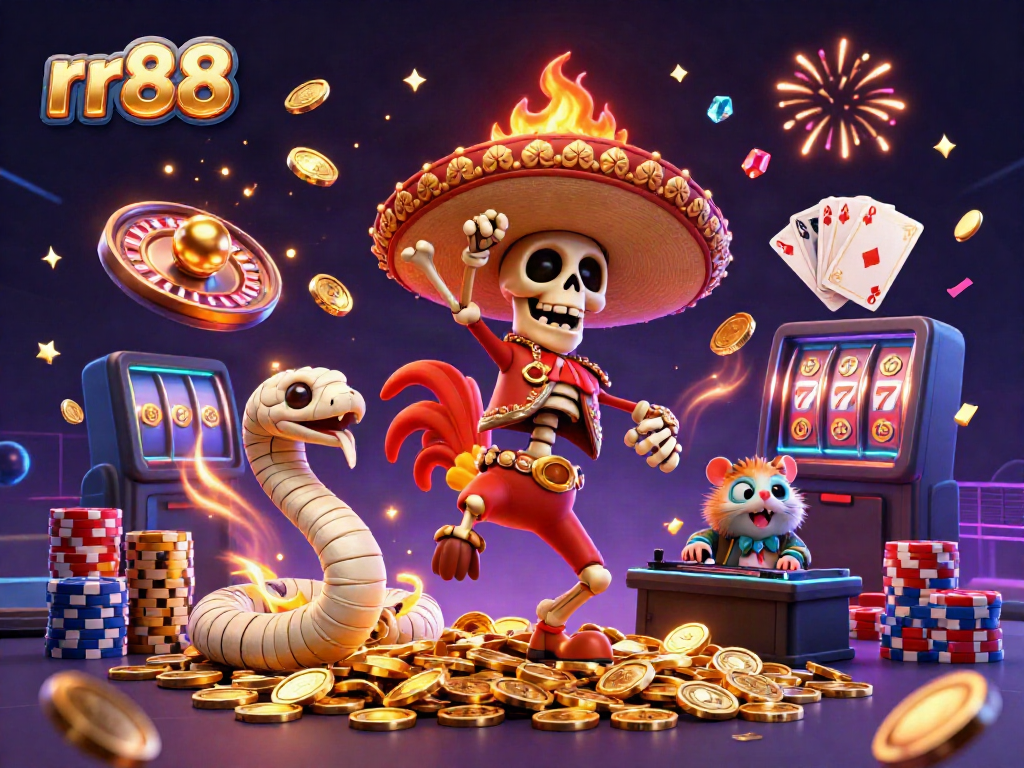 Experience the thrilling world of rr88 with a vibrant 3D casino scene featuring dynamic characters and games.