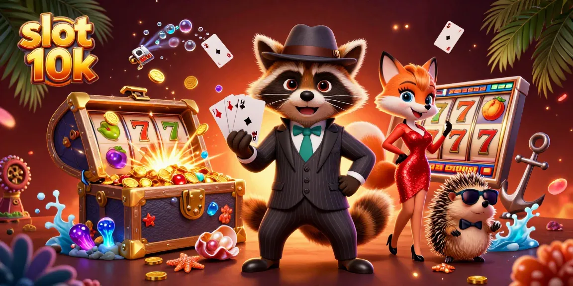 Engage with slot 10k excitement in this vibrant illustration featuring a suave raccoon and friends.