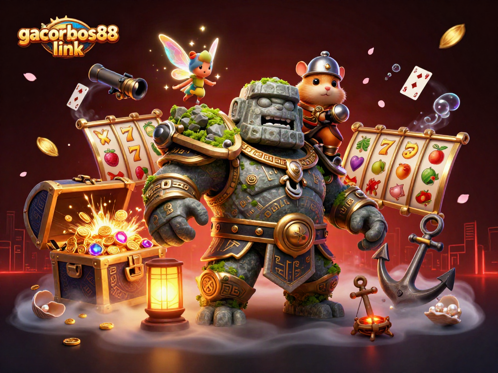Experience thrilling gameplay with gacorbos88 link in this lively casino illustration featuring magical characters and slot elements.