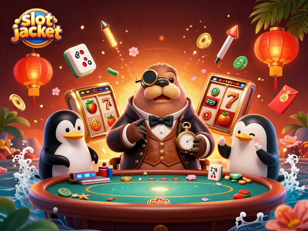 Experience excitement with slot jackpot as animated characters enjoy a casino scene.
