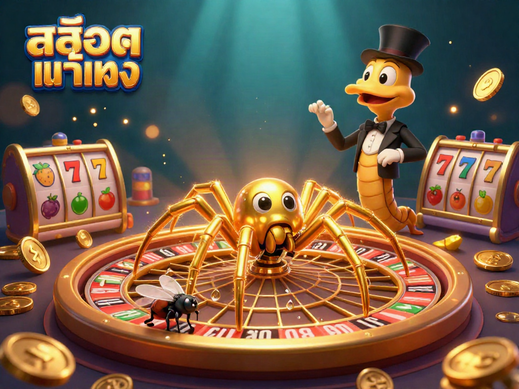 Bet on สล็อตแท้ตรง with a vibrant scene featuring a spider croupier and golden web elements in a casino.