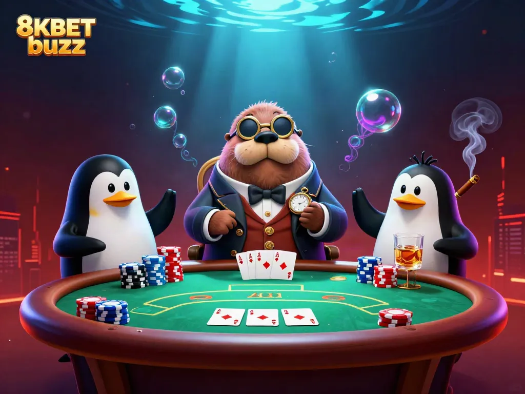 Experience the underwater casino action with 8KBET buzz, featuring a jolly walrus and game elements.