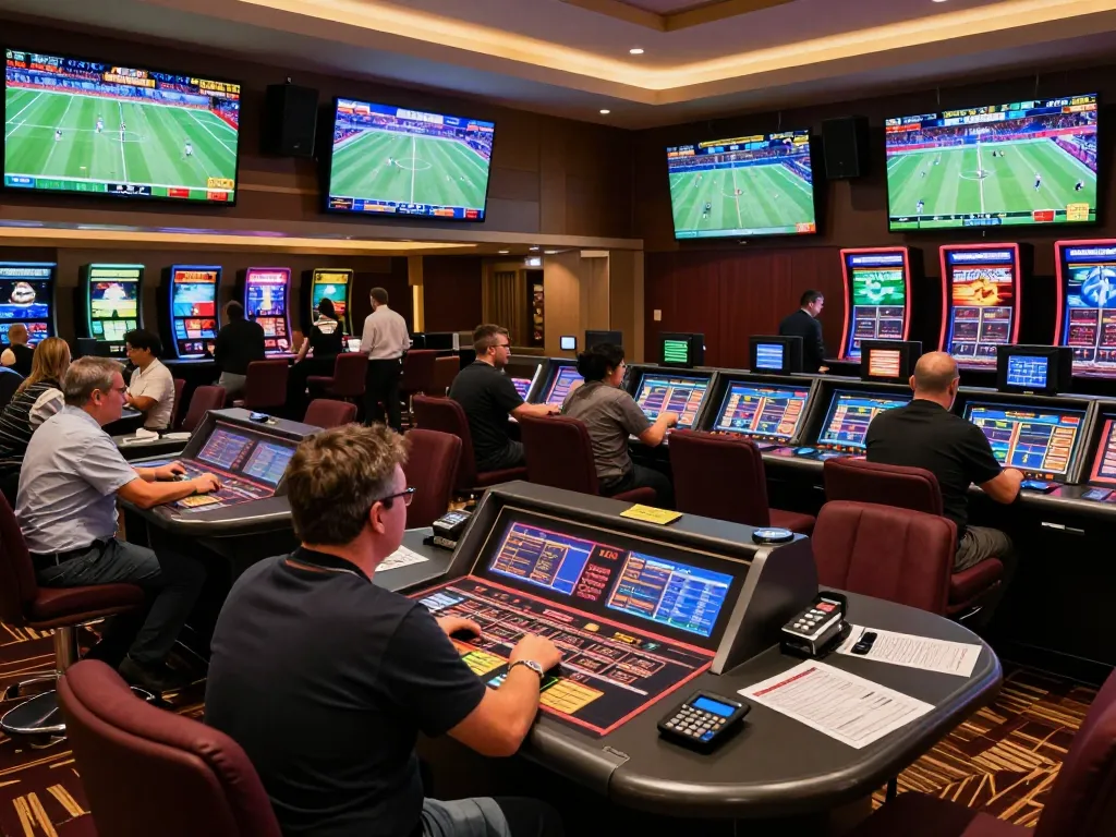 Patrons actively engaging in sports betting at an upscale venue, xz88 high-stakes action on display.