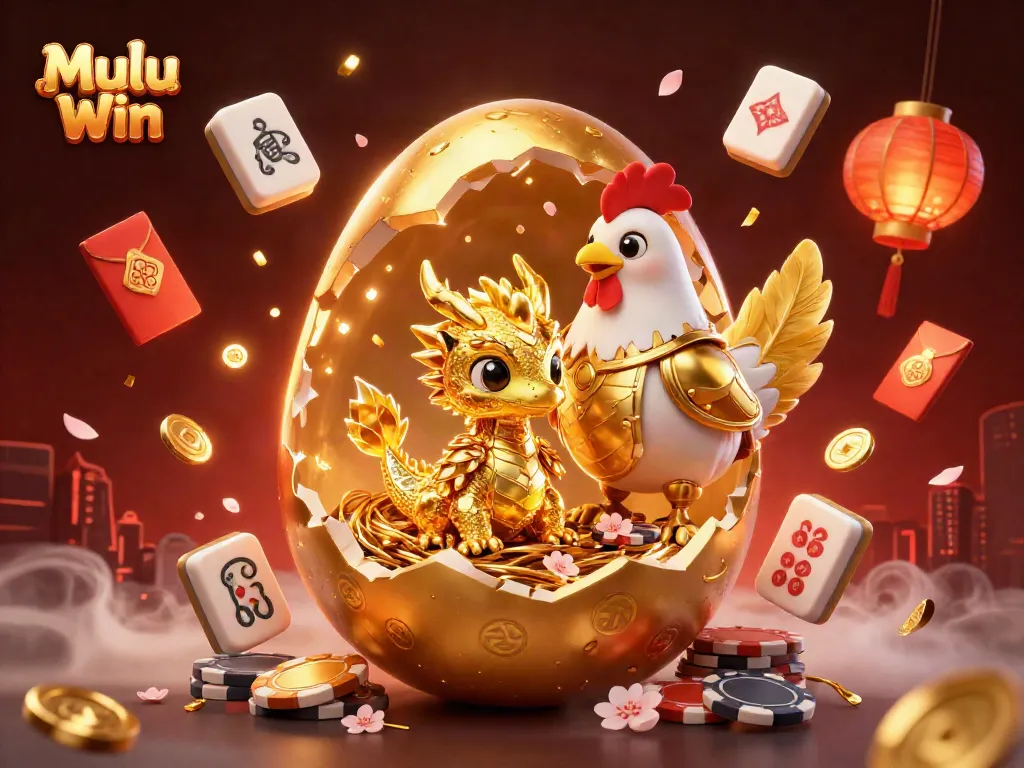 Mulu Win features a golden dragon and hen guarding poker chips amidst celebratory elements.