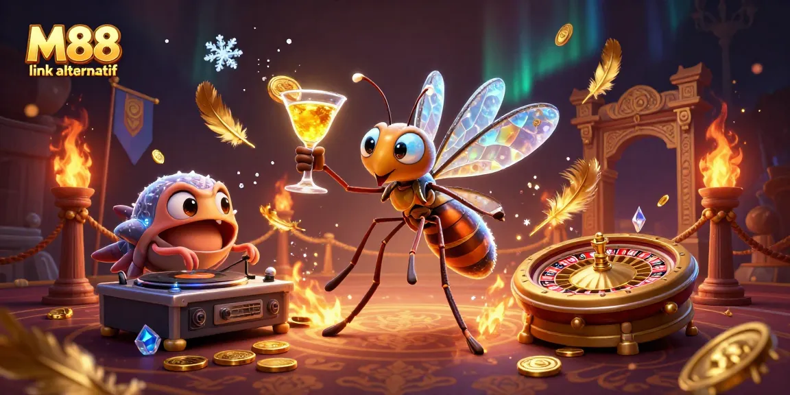 M88 link alternatif showcases a 3D illustration featuring an animated mosquito mascot, a trilobite DJ, and golden roulette elements amidst a vibrant casino setting.
