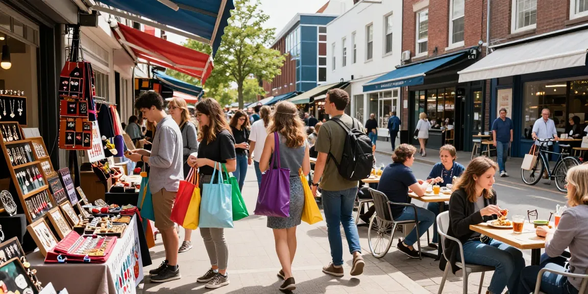 Exploring local shops in a vibrant marketplace capturing the spirit of community shopping and cultural exchange.