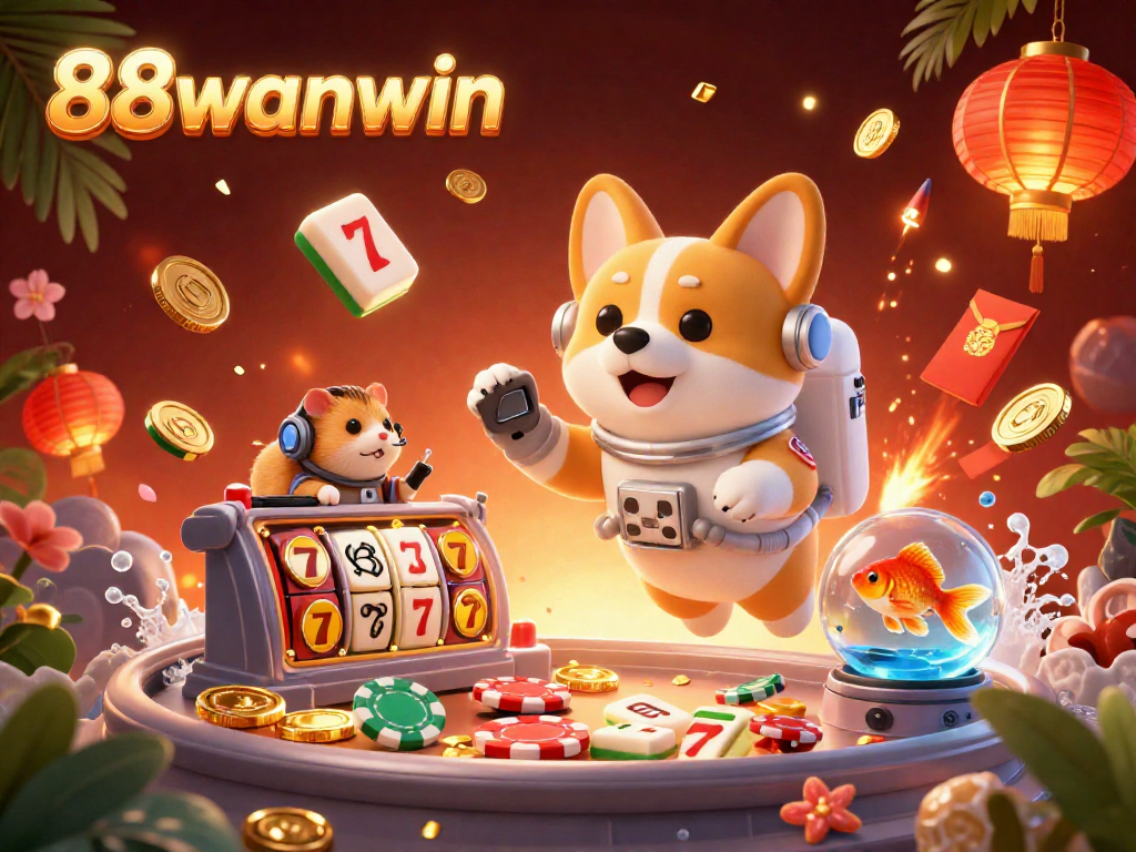Engage with thrilling 88wanwin gaming, featuring vibrant characters and casino elements amid a mesmerizing backdrop.